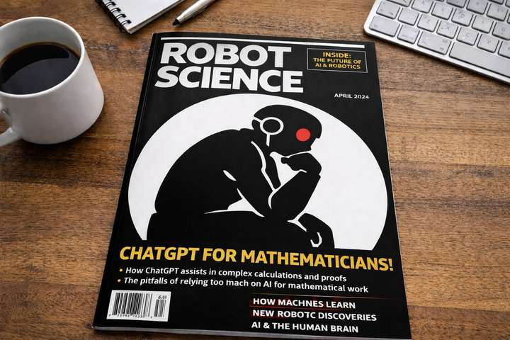 AI robot in The Thinker pose on a magazine cover titled "ChatGPT for Mathematicians" — illustrating the promise and limits of using AI for mathematical research